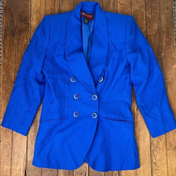 Vintage 80s women’s Sasson Blue 3/4 sleeve padded shoulder Blazer size 6 - Picture 2 of 9